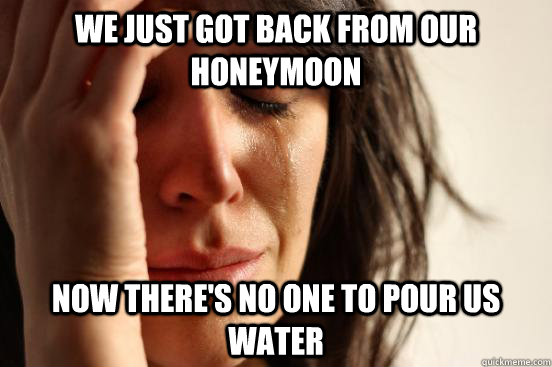 we just got back from our honeymoon Now there's no one to pour us water - we just got back from our honeymoon Now there's no one to pour us water  First World Problems