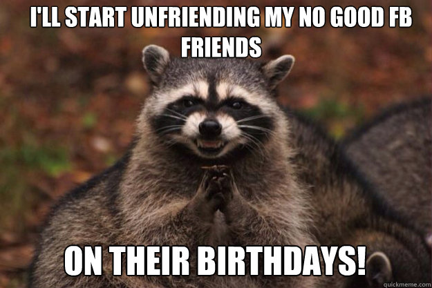 i'll start unfriending my no good fb friends on their birthdays!  evil racoon