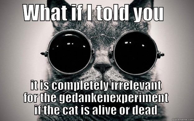 Schroedinger's cat -       WHAT IF I TOLD YOU         IT IS COMPLETELY IRRELEVANT FOR THE GEDANKENEXPERIMENT IF THE CAT IS ALIVE OR DEAD Morpheus Cat Facts