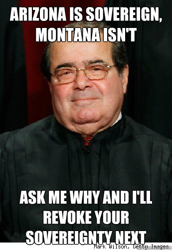 Arizona is sovereign, Montana isn't Ask me why and I'll revoke your sovereignty next  Scumbag Scalia