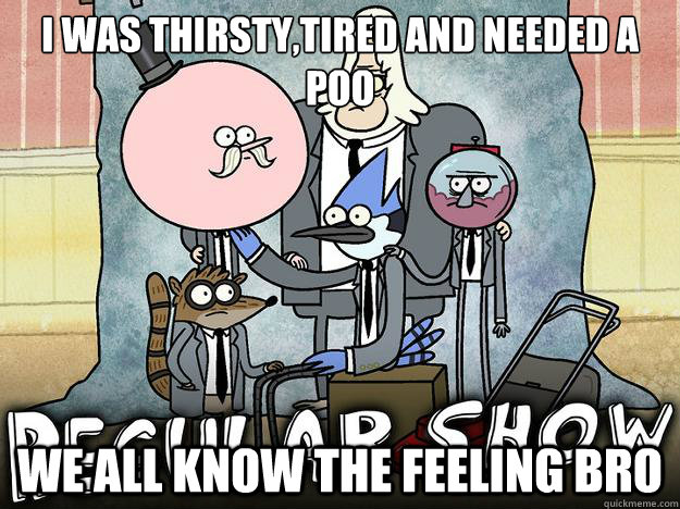 i was thirsty,tired and needed a poo We all know the feeling bro  WE ALL KNOW THAT FEEL BRO - REGULAR SHOW