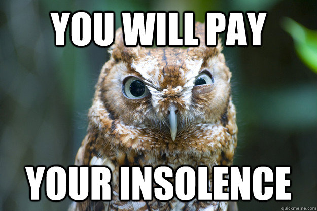 you will pay your insolence - you will pay your insolence  Pissed off Royal Owl