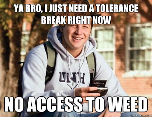 Ya bro, I just need a tolerance break right now No access to weed  College Freshman
