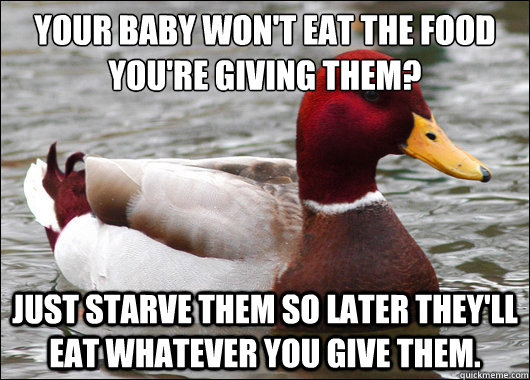 Your baby won't eat the food you're giving them?
 Just starve them so later they'll eat whatever you give them.  Malicious Advice Mallard