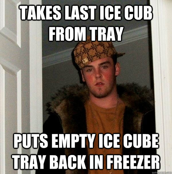 Takes last ice cub from tray Puts empty ice cube tray back in freezer - Takes last ice cub from tray Puts empty ice cube tray back in freezer  Scumbag Steve