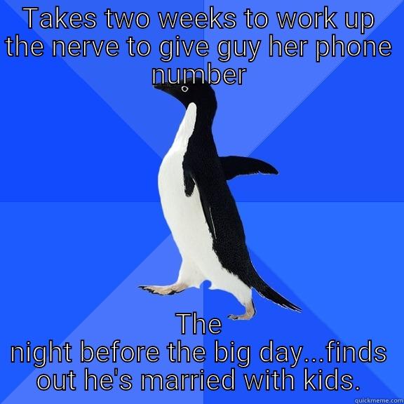 TAKES TWO WEEKS TO WORK UP THE NERVE TO GIVE GUY HER PHONE NUMBER THE NIGHT BEFORE THE BIG DAY...FINDS OUT HE'S MARRIED WITH KIDS. Socially Awkward Penguin