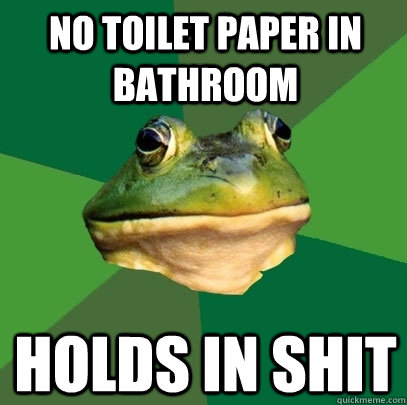 No toilet paper in bathroom Holds in shit   Foul Bachelor Frog