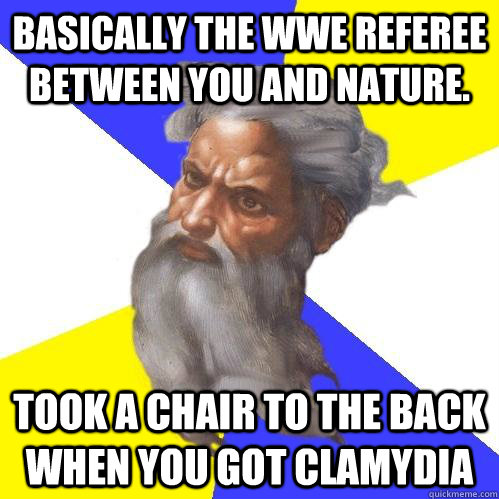 Basically the WWE referee between you and nature. took a chair to the back when you got clamydia  Advice God