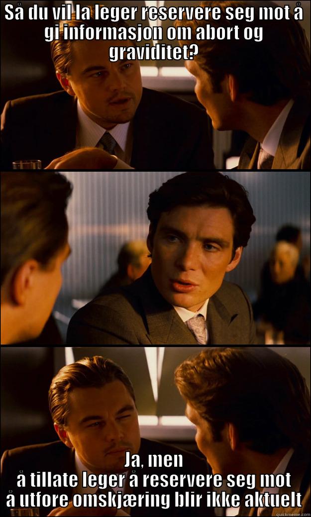 SÅ DU VIL LA LEGER RESERVERE SEG MOT Å GI INFORMASJON OM ABORT OG GRAVIDITET? JA, MEN Å TILLATE LEGER Å RESERVERE SEG MOT Å UTFØRE OMSKJÆRING BLIR IKKE AKTUELT Inception