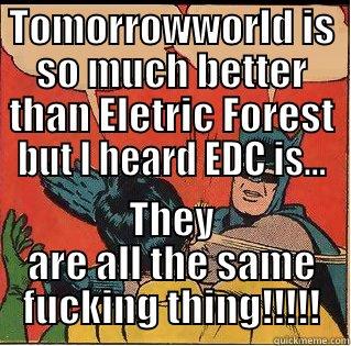 TOMORROWWORLD IS SO MUCH BETTER THAN ELETRIC FOREST BUT I HEARD EDC IS... THEY ARE ALL THE SAME FUCKING THING!!!!! Slappin Batman