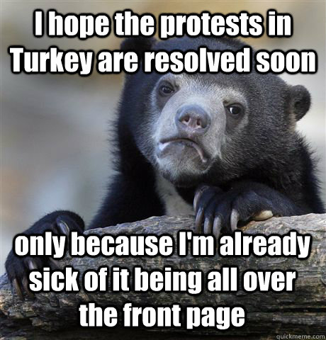 I hope the protests in Turkey are resolved soon only because I'm already sick of it being all over the front page  Confession Bear
