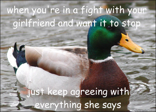 when you're in a fight with your girlfriend and want it to stop just keep agreeing with everything she says   Actual Advice Mallard