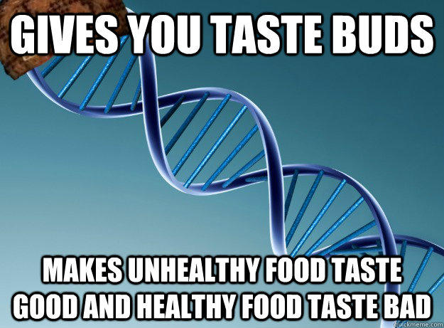 Gives you taste buds makes unhealthy food taste good and healthy food taste bad  Scumbag Genetics