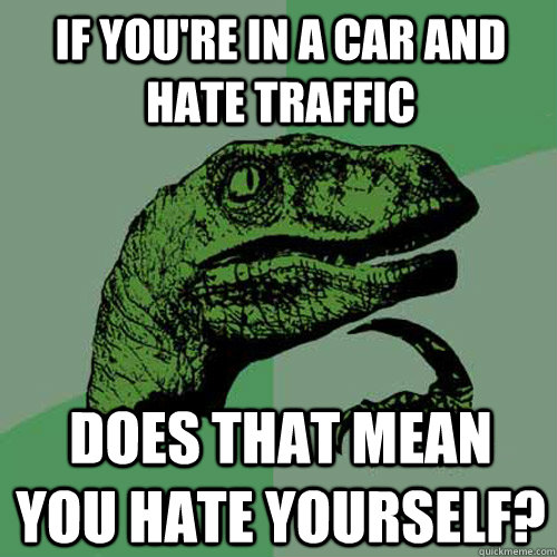 if you're in a car and hate traffic does that mean you hate yourself?  Philosoraptor