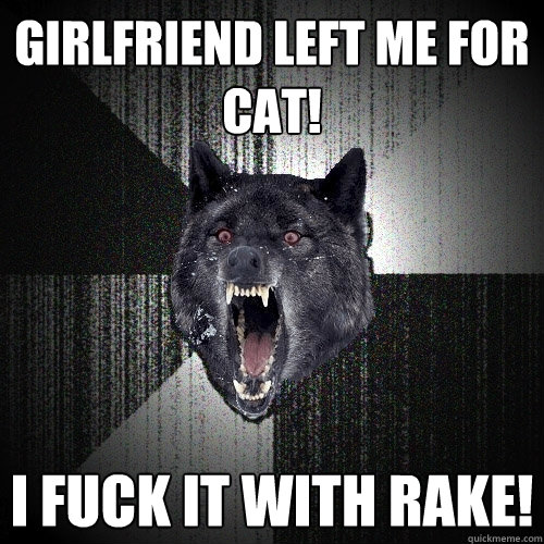 girlfriend left me for cat! i fuck it with rake!  Insanity Wolf