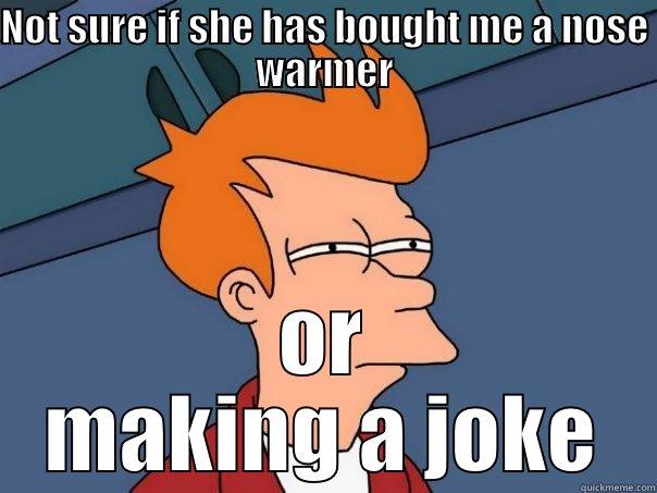 NOT SURE IF SHE HAS BOUGHT ME A NOSE WARMER OR MAKING A JOKE Futurama Fry