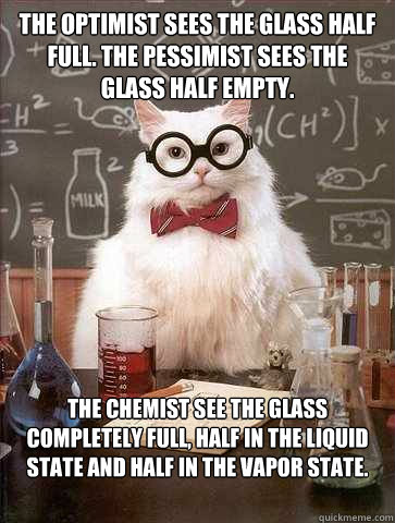 The optimist sees the glass half full. The pessimist sees the glass half empty.
 The chemist see the glass completely full, half in the liquid state and half in the vapor state.

 - The optimist sees the glass half full. The pessimist sees the glass half empty.
 The chemist see the glass completely full, half in the liquid state and half in the vapor state.

  Science Cat
