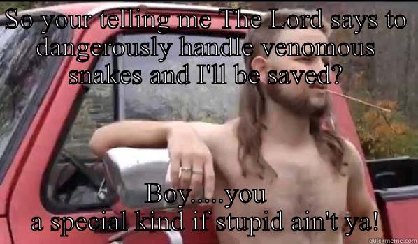 SO YOUR TELLING ME THE LORD SAYS TO DANGEROUSLY HANDLE VENOMOUS SNAKES AND I'LL BE SAVED? BOY.....YOU A SPECIAL KIND IF STUPID AIN'T YA! Almost Politically Correct Redneck