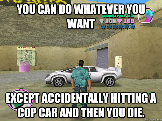 You can do whatever you want Except accidentally hitting a cop car and then you die. - You can do whatever you want Except accidentally hitting a cop car and then you die.  GTA LOGIC