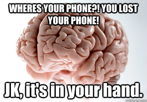 WHERES YOUR PHONE?! YOU LOST YOUR PHONE! JK, it's in your hand. - WHERES YOUR PHONE?! YOU LOST YOUR PHONE! JK, it's in your hand.  Scumbag Brain