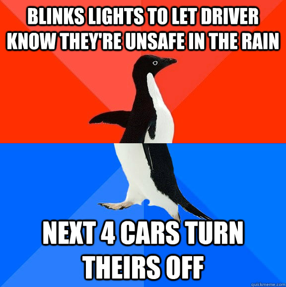 Blinks lights to let driver know they're unsafe in the rain next 4 cars turn theirs off  Socially Awesome Awkward Penguin