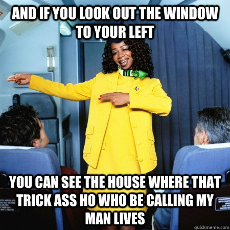 And if you look out the window to your left You can see the house where that trick ass ho who be calling my man lives  Ghetto Flight Attendant