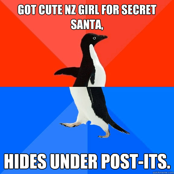 got cute nz girl for secret santa, hides under post-its.  Socially Awesome Awkward Penguin