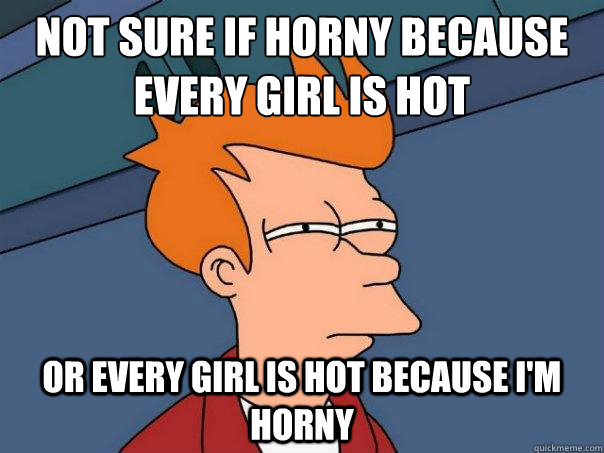 not sure if horny because every girl is hot or every girl is hot because i'm horny  Futurama Fry
