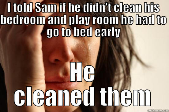 I TOLD SAM IF HE DIDN'T CLEAN HIS BEDROOM AND PLAY ROOM HE HAD TO GO TO BED EARLY HE CLEANED THEM First World Problems