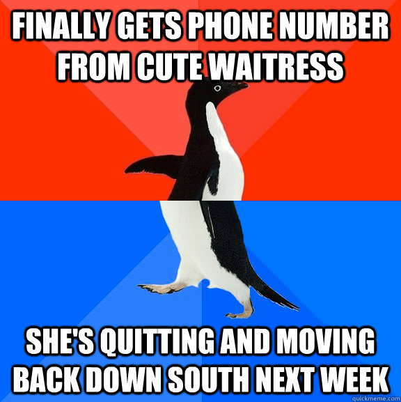 Finally gets phone number from cute waitress She's quitting and moving back down south next week  Socially Awesome Awkward Penguin