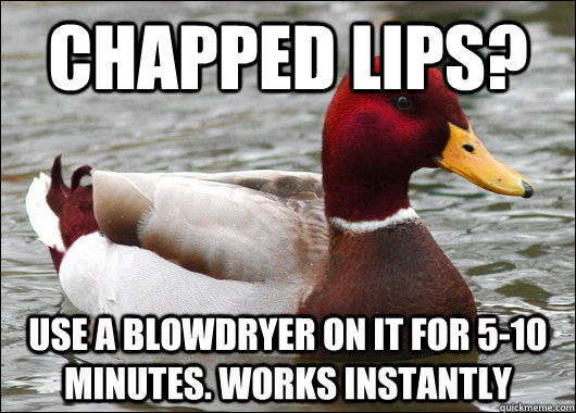 Chapped lips? Use a blowdryer on it for 5-10 minutes. Works instantly  Malicious Advice Mallard