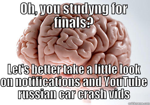 OH, YOU STUDYNG FOR FINALS? LET'S BETTER TAKE A LITTLE LOOK ON NOTIFICATIONS AND YOUTUBE RUSSIAN CAR CRASH VIDS Scumbag Brain