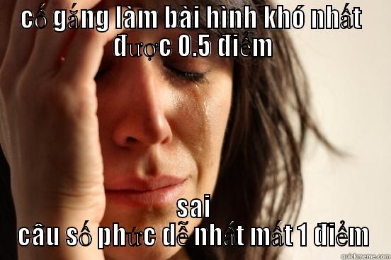 CỐ GẮNG LÀM BÀI HÌNH KHÓ NHẤT  ĐƯỢC 0.5 ĐIỂM SAI CÂU SỐ PHỨC DỄ NHẤT MẤT 1 ĐIỂM First World Problems