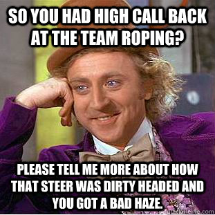 So you had high call back at the team roping? please tell me more about how that steer was dirty headed and you got a bad haze.  Condescending Wonka
