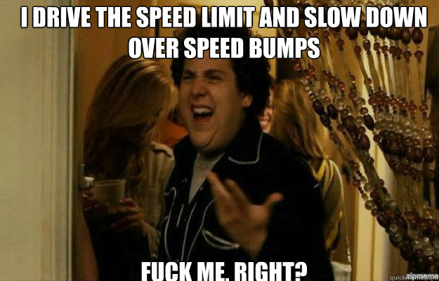 I drive the speed limit and slow down over speed bumps FUCK ME, RIGHT?  fuck me right