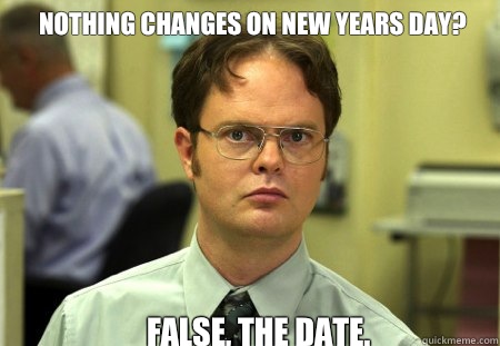 Nothing changes on new years day?  False, the date.   Schrute