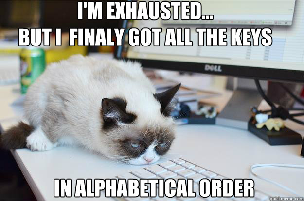 I'm exhausted... 
but i  finaly got all the keys  in alphabetical order - I'm exhausted... 
but i  finaly got all the keys  in alphabetical order  Grumpy Cat Mouse