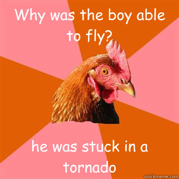 Why was the boy able to fly? he was stuck in a tornado - Why was the boy able to fly? he was stuck in a tornado  Anti-Joke Chicken