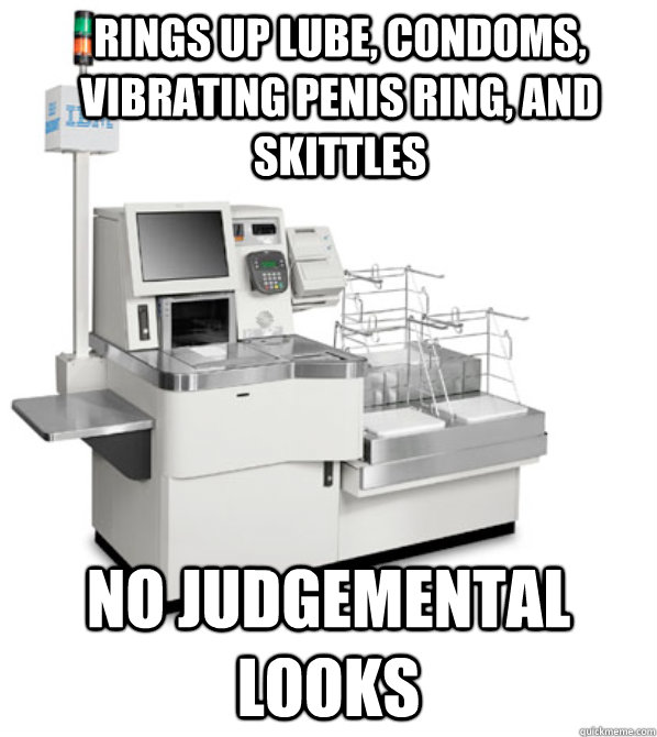 Rings up lube, condoms, vibrating penis ring, and skittles no judgemental looks - Rings up lube, condoms, vibrating penis ring, and skittles no judgemental looks  Auto Check Out