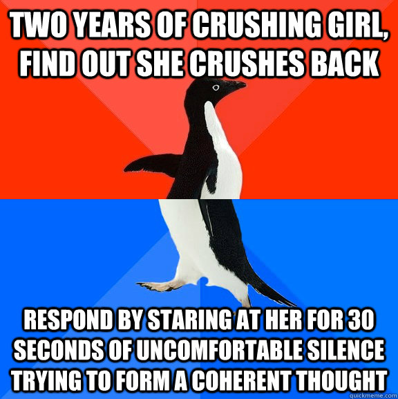 two years of crushing girl, find out she crushes back respond by staring at her for 30 seconds of uncomfortable silence trying to form a coherent thought  Socially Awesome Awkward Penguin