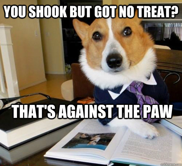 You shook but got no treat? that's against the paw  Lawyer Dog