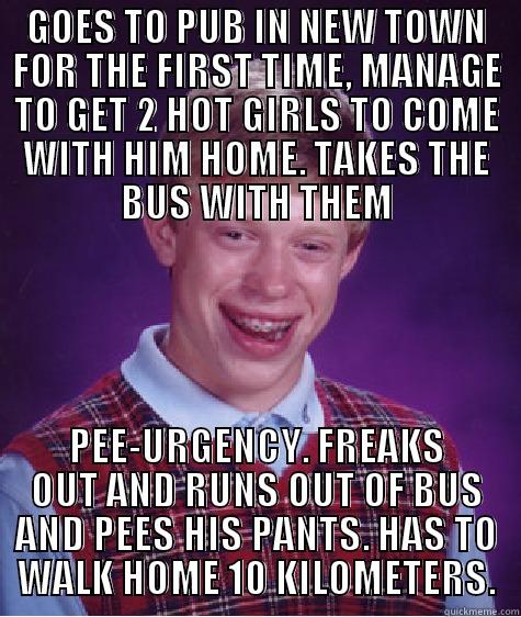GOES TO PUB IN NEW TOWN FOR THE FIRST TIME, MANAGE TO GET 2 HOT GIRLS TO COME WITH HIM HOME. TAKES THE BUS WITH THEM PEE-URGENCY. FREAKS OUT AND RUNS OUT OF BUS AND PEES HIS PANTS. HAS TO WALK HOME 10 KILOMETERS. Bad Luck Brian
