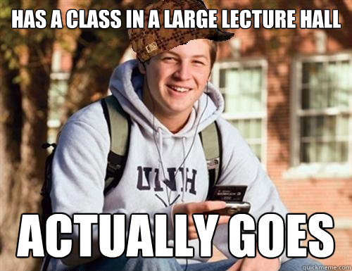 has a class in a large lecture hall actually goes  College Freshman