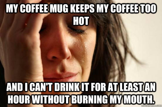My coffee mug keeps my coffee too hot and I can't drink it for at least an hour without burning my mouth.  First World Problems