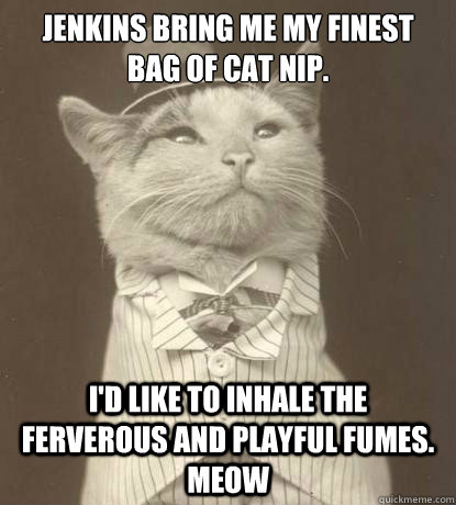 Jenkins bring me my finest bag of cat nip. I'd like to inhale the ferverous and playful fumes. Meow  Aristocat