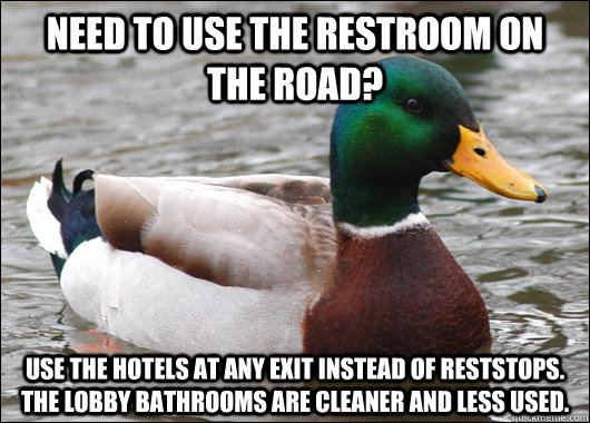 Need to use the restroom on the road? Use the hotels at any exit instead of reststops. The lobby bathrooms are cleaner and less used.   Actual Advice Mallard