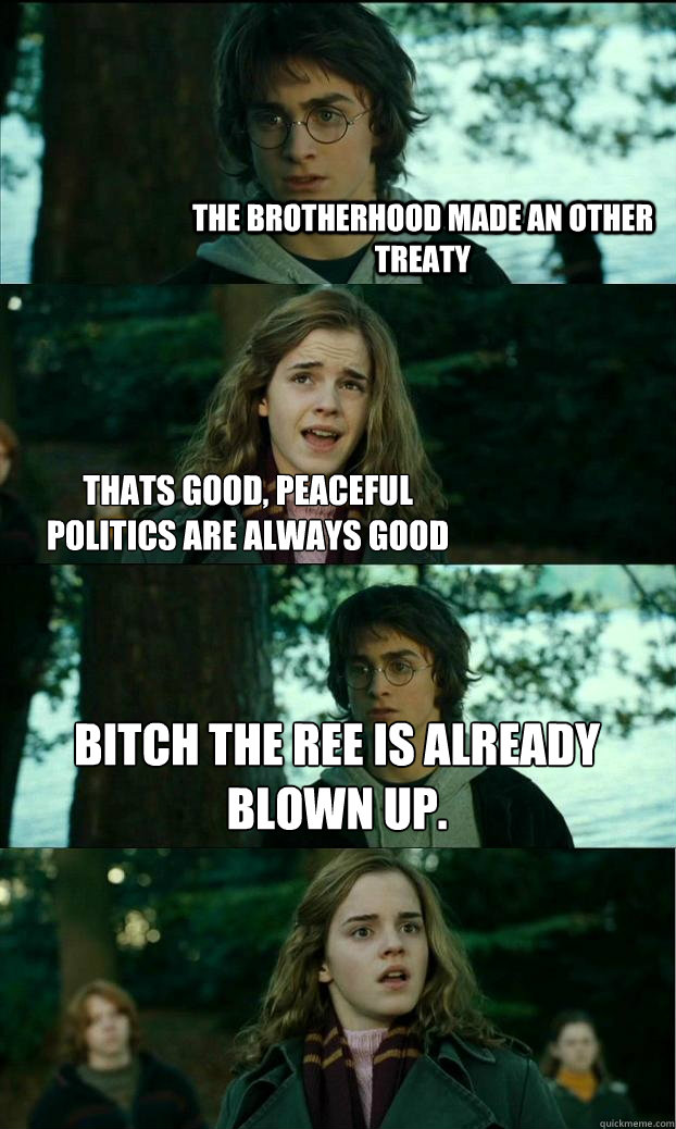 The brotherhood made an other treaty thats good, peaceful politics are always good Bitch The ree is already blown up.  Horny Harry