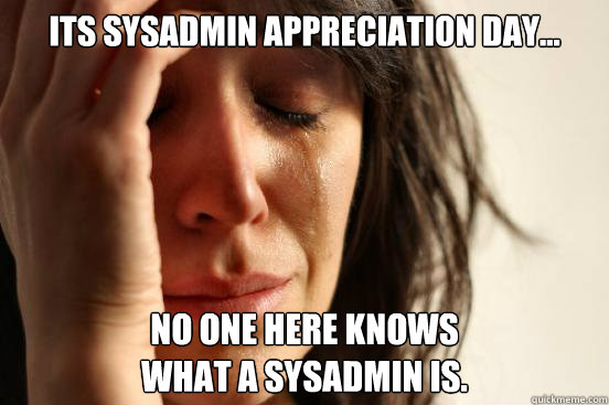 Its Sysadmin appreciation day... no one here knows 
what a sysadmin is.   First World Problems