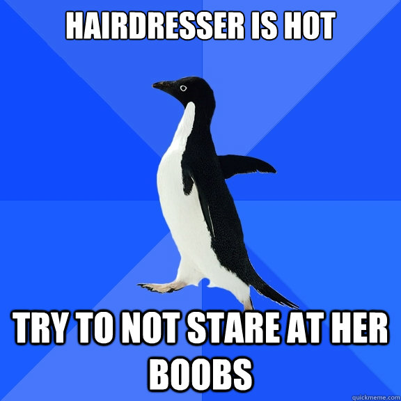 Hairdresser is hot try to not stare at her boobs  Socially Awkward Penguin