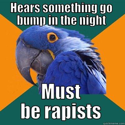 Home alone? - HEARS SOMETHING GO BUMP IN THE NIGHT MUST BE RAPISTS Paranoid Parrot